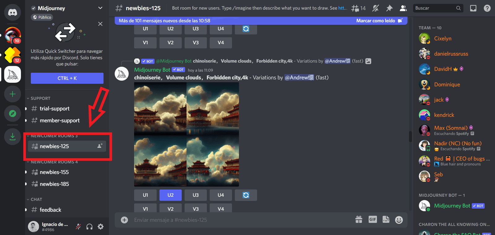 Los canales Newbies en el Discord de Midjourney