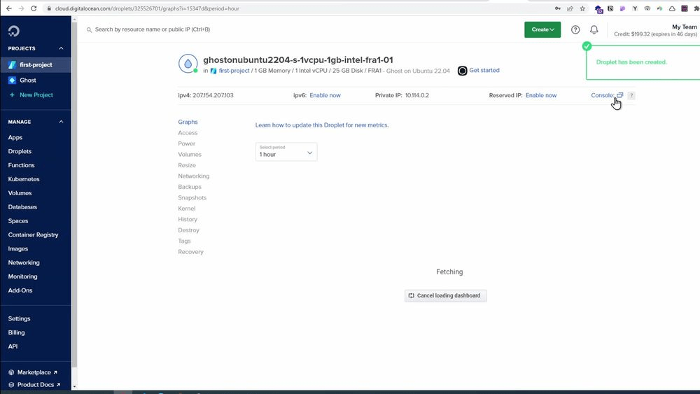 La página de Ghost en el marketplace de Digital Ocean, con el droplet sugerido